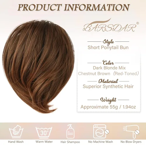 Miniatura 5 de BARSDAR Extensiones de Moño de Cabello Liso - Extensiones de Moño de Coleta de Cabello Liso Corto Totalmente Sintético para Mujeres - Coleteros