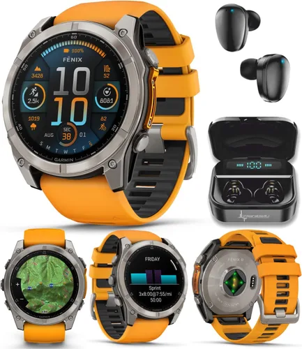 Miniatura 31 de Garmin Fenix 8 – 2 pulgadas, reloj inteligente multideporte GPS AMOLED, zafiro, titanio con banda de silicona naranja brillante/grafito, linterna