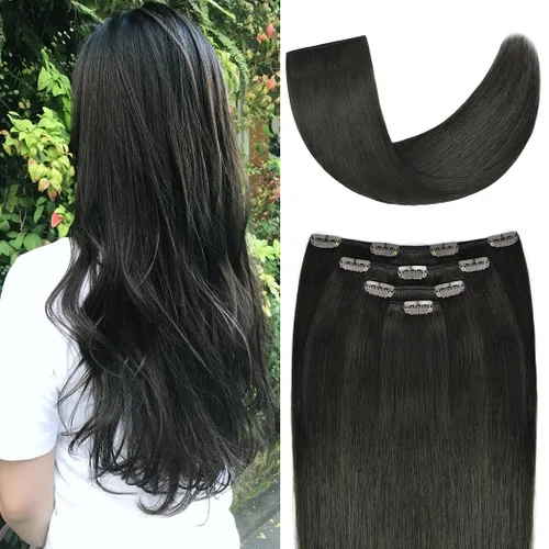 Miniatura 57 de Extensiones de cabello humano Remy de 12 pulgadas con clip para mujer, extensiones de cabello humano sedoso y liso, 1.76 onzas, 4 piezas