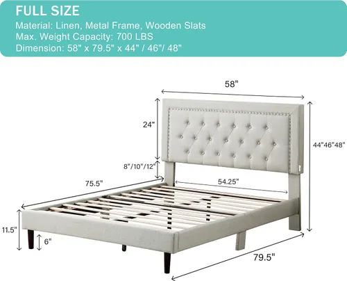 Miniatura 2 de Base de cama de plataforma tapizada tamaño matrimonial con cabecero ajustable de 48 pulgadas de alto, cama de terciopelo de lino con botones