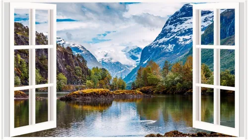Calcomanías de pared de paisaje, 3D, montaña, bosque, lago, calcomanías de pared extraíbles para ventana falsa, despegar y pegar, calcomanías de