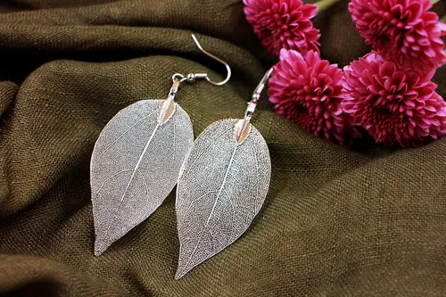 Miniatura 20 de Joyas de hoja de oro rosa y plata para mujer. Pendientes de hoja natural y collares circulares colgantes. Elegantes conjuntos de joyas colgantes.