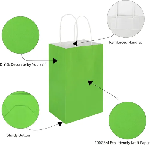 Miniatura 3 de Paquete de 100 bolsas de papel kraft pequeñas de 5.25 x 3.25 x 8.25 pulgadas, color verde hierba con asas, a granel, bolsas de regalo de Toovip