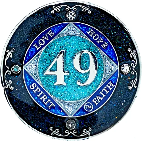 Miniatura 13 de NA 1 año de cristales y medallón de purpurina, moneda chapada en color plateado, arco iris negro, purpurina azul y cuatro cristales transparentes
