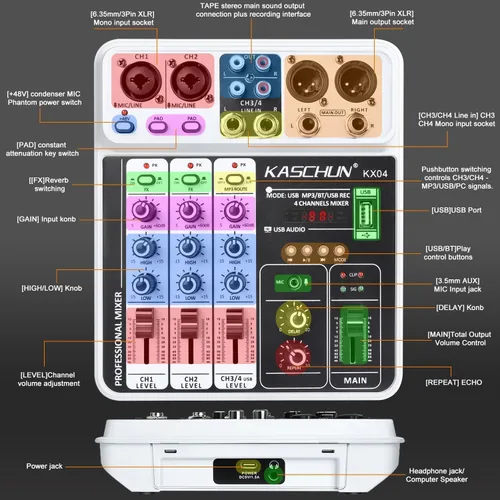 Miniatura 8 de Mezclador profesional de audio DJ de 4 canales, tablero de sonido Bluetooth con entrada USB MP3 y alimentación fantasma de 48 V para karaoke