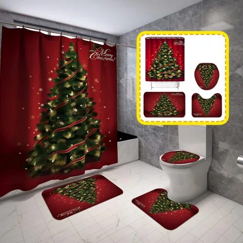 Miniatura 23 de Juego de 4 cortinas de ducha con alfombra antideslizante, cubierta para tapa de inodoro y tapete de baño, cortina de ducha de Papá Noel con 12