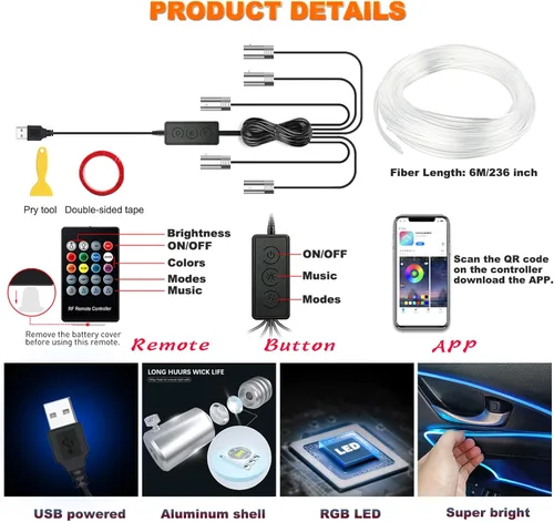 Miniatura 4 de Jushope - Luces LED para automóvil, luces interiores con control inalámbrico por aplicación/control remoto RF/botón, kit de iluminación ambiental