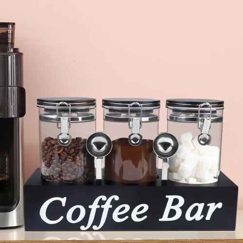 Miniatura 4 de WYTAOHZL 3 recipientes de café de vidrio con estante, organizador de estación de café de 54 oz, almacenamiento de granos de vidrio con cuchara