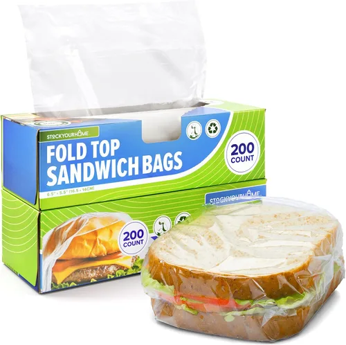 Miniatura 8 de Stock Your Home 200 bolsas de sándwich transparentes plegables, bolsas de plástico desechables a granel con cierre plegable para restaurantes