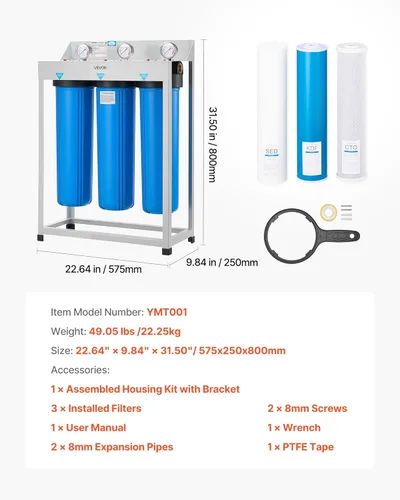 Miniatura 7 de VEVOR Sistema de filtro de agua para toda la casa, 3 etapas, sedimento, KDF, CTO Filtro purificador de agua para el hogar de 4.5 x 20 pulgadas que