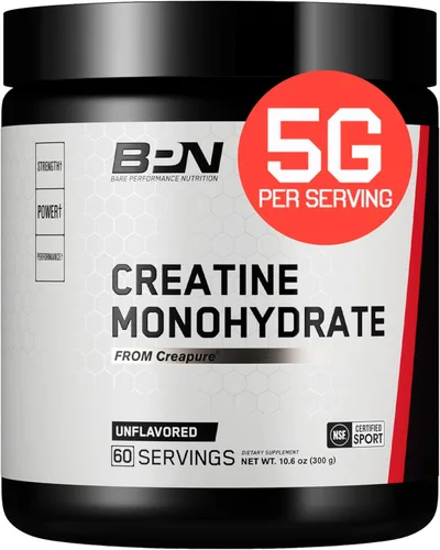 BARE PERFORMANCE NUTRITION, Polvo de Monohidrato de Creatina Pura BPN de Creapure, 5g de Creatina por Porción, Apoya el Crecimiento Muscular, Polvo