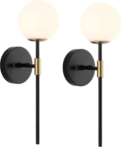 Miniatura 10 de BYOLIIMA Juego de 2 apliques de pared dorados con pantallas de globo de vidrio blanco, lámpara de pared moderna de mediados de siglo para tocador