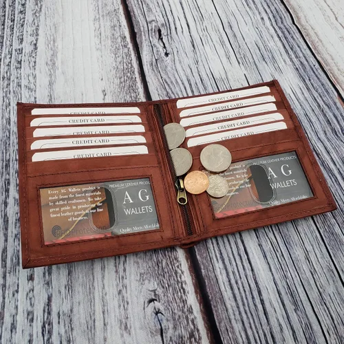 Miniatura 6 de ag wallets Billetera bifold europea de piel auténtica RFID para hombre, 2 ventanas de identificación, Borgoña