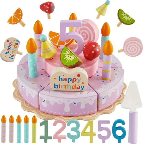 HERSITY Juego de comida de juguete de madera para pastel de cumpleaños, juego de cocina para niños pequeños, juguetes de tarta, regalos para niños