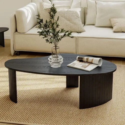 Miniatura 5 de Hyfirm - Mesa de café moderna de madera negra de 47.25 pulgadas para la sala de estar, mesa central resistente con tapa irregular de mango y patas