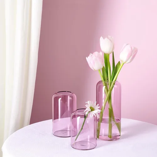 Miniatura 6 de ZENS Juego de 6 jarrones de cristal transparente rosa para flores. Moderno jarrón cilíndrico de vidrio soplado a mano para centros de mesa