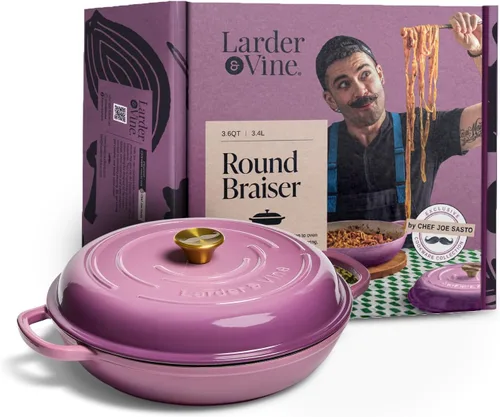 Miniatura 11 de Larder & Vine Brasera de Hierro Fundido Esmaltado Brasera de 3.6 qt con Tapa Horno Holandés Poco Profundo Compatible con Todas las Cocinas