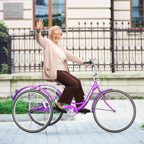 Miniatura 9 de Triciclo para adultos de 1 velocidad, bicicletas de 3 ruedas de 24 pulgadas con canasta grande, bicicleta de crucero para mujeres/hombres/personas