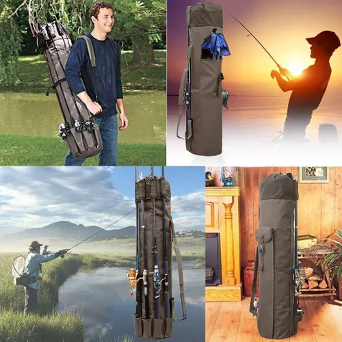 Miniatura 6 de Allnice Bolsa organizadora de lona duradera para caña de pescar y carrete, bolsa de transporte de viaje, con capacidad para 5 postes y aparejos Caqui