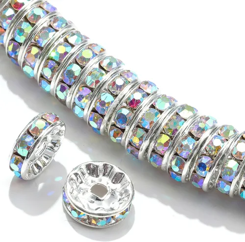 Miniatura 10 de 100 cuentas espaciadoras Rondelle redondas de cristal con diamantes de imitación checos chapados en plata, cuentas sueltas para manualidades, Blanco