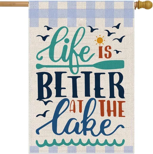 Bandera de jardín de verano de doble cara de 12 x 18 pulgadas – Banner Life Is Better At The Lake – Decoración navideña para patio al aire libre –