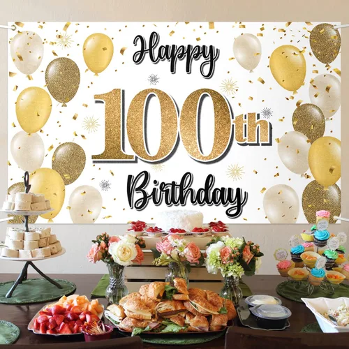 Miniatura 3 de Decoraciones de Feliz Cumpleaños 100, Globo Dorado Grande 100 Pancarta de Cumpleaños Telón de Fondo Letrero - Salud por 100 Años Suministros
