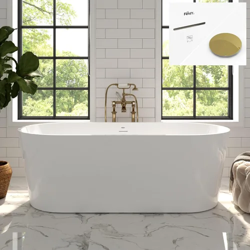 Miniatura 52 de FerdY Shangri-La - Bañera de acrílico independiente de 67 pulgadas, bañera de remojo de acrílico de forma ovalada clásica con desagüe de níquel