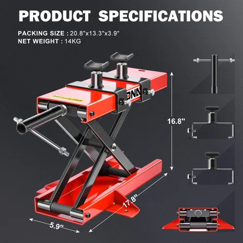 Miniatura 3 de DNA Motoring Gato elevador de tijera para motocicleta con soporte de elevación y pernos - 500 kg (1100 libras) Rango de elevación de 3.7-14.8