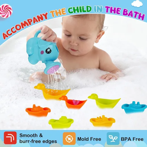 Miniatura 4 de Juguetes de baño para bebés para niños, 12 juguetes de baño sin moho para niños pequeños con botes flotantes, regadera, patos flotantes y cucharas
