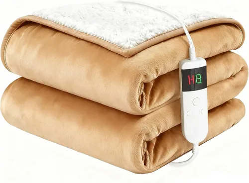Electric Blanket Heated Throw, Soft Flannel 50"x60" Heating Blanket with 8 Hours Auto Off 10 Fast Heating Levels Machine Washable Sherpa Heated