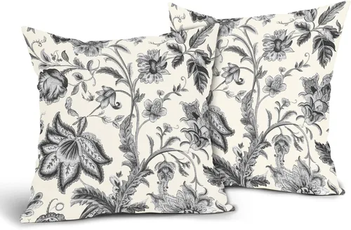 Sweetshow Juego de 2 fundas de almohada florales vintage de 16 x 16 pulgadas, fundas de almohada florales negras y grises, fundas de almohada de