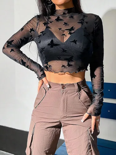 Miniatura 6 de SHENHE Top corto sexy de manga larga con estampado de mariposas y cuello alto falso para mujer