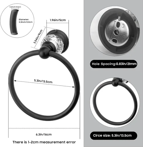 Miniatura 4 de Anillo de toalla de cristal negro, soporte para toallas de baño, negro mate, soporte para toallas de baño, soporte para toalla de mano para baño