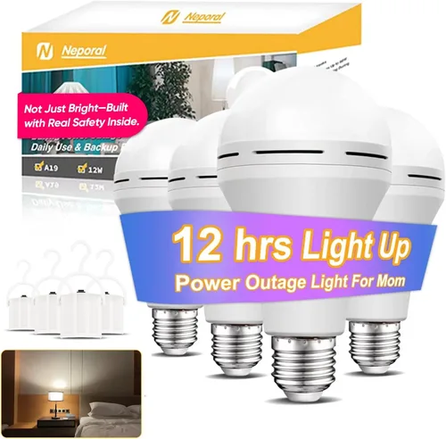 Miniatura 10 de Neporal LITE Bombillas de luz de emergencia recargables A19, se encienden hasta por 48 horas, bombilla de batería, bombilla LED E26 de 5000K, luces