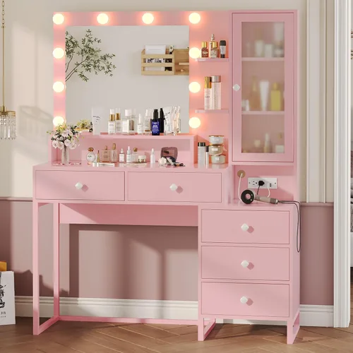 Tiptiper Escritorio rosa con espejo y luces, tocador de maquillaje con estación de carga, mesa de tocador con 5 cajones y estantes de