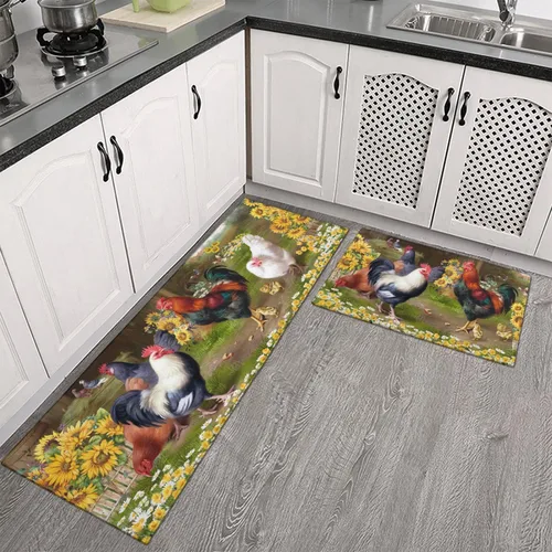 Miniatura 2 de Juego de 2 alfombras de cocina con temática de gallo, decoración de granja, tapetes absorbentes y antideslizantes, lavables, decoración de girasol