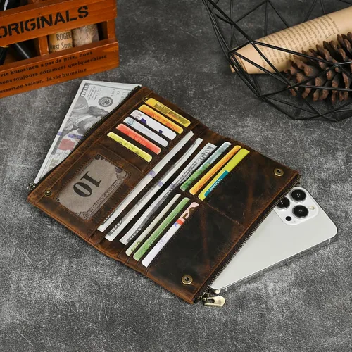 Miniatura 58 de Genuino Caballo Loco Cuero Regalo de Viaje Moneda Bolsillo Tarjetero Organizador Largo Cadena Rfid Cartera Monedero Con Broche Para Hombres Hombres