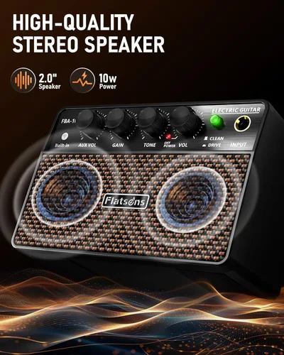 Miniatura 3 de Flatsons FBA-10 Amplificador de Guitarra, Amplificador Eléctrico Mini de 10W con Canal Limpio/Drive, 6H de Funcionamiento, Recargable por USB-C