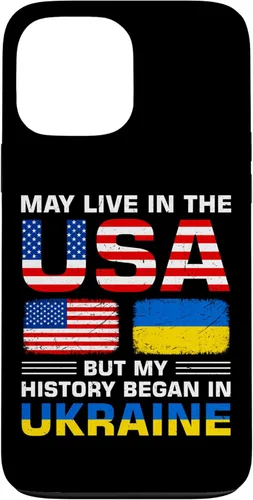 Funda para iPhone 13 Pro Max con la bandera de Ucrania y la bandera de Estados Unidos con raíces ucranianas