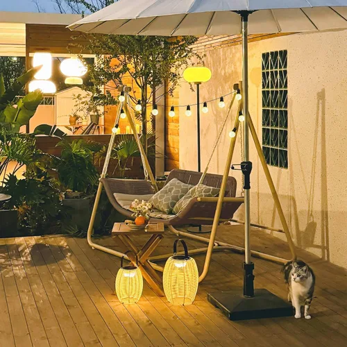 Miniatura 16 de PURPLE LEAF Silla Columpio Nube de 2 Asientos con Soporte Banco Deslizante Loveseat de Mimbre para Patio Colgante Balanceante para Interior Exterior