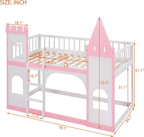 Miniatura 2 de DEINPPA Litera individual, marco de cama individual sobre individual, cama alta de madera con forma de castillo con escalera de barandilla