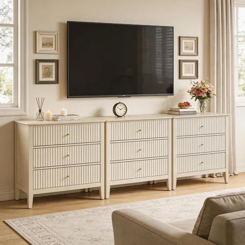 Miniatura 7 de RoyalCraft Cómoda Acanalada Beige de 3 Cajones, Cómoda de 32 Pulgadas de Ancho Mesita de Noche para Dormitorio, Cofre de Cajones de Madera Moderno