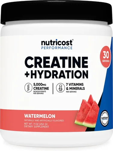 Nutricost Monohidrato de creatina + hidratación con sabor a sandía (30 porciones) – 7 vitaminas y minerales, 5000 mg de creatina por porción