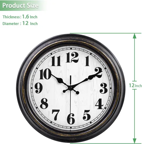 Miniatura 8 de 45MinST Reloj de Pared Retro de 12 Pulgadas, Movimiento Silencioso Sin Tic Tac Operado por Batería, Decoración para Hogar/Decoración de Pared, Fácil