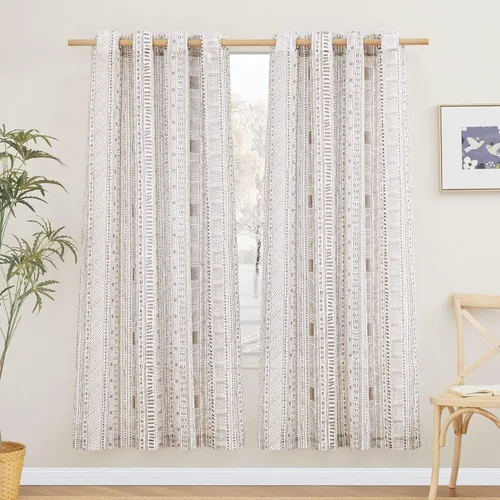 Miniatura 9 de NICETOWN Cortinas bohemias de lino transparente para sala de estar, cortinas semitransparentes de granja con patrón de rayas bohemias, cortinas Gris