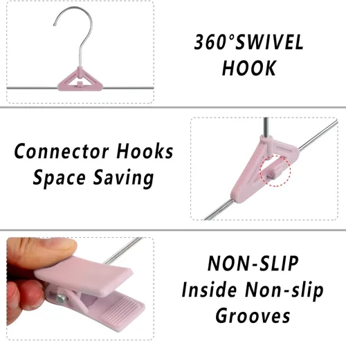 Miniatura 3 de Northern Brothers Paquete de 50 perchas para pantalones, perchas apilables con clips para faldas y pantalones cortos, de plástico que ahorran Rosa