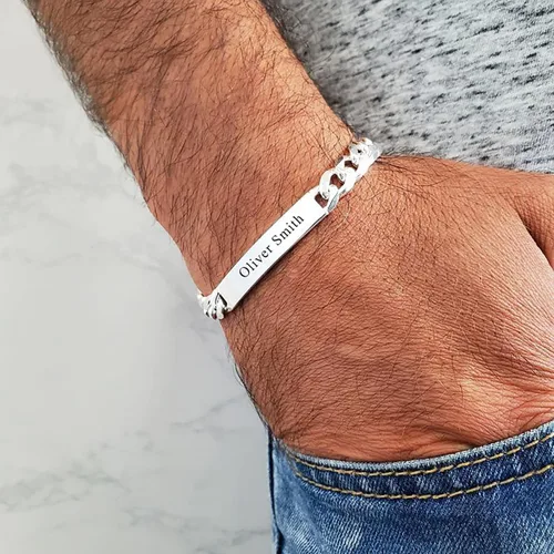 Miniatura 14 de LeCalla Pulsera personalizada con nombre de identificación personalizada grabada Pulsera de identificación de barra de eslabones para hombre