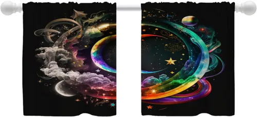 Miniatura 58 de Shrahala Beige and Orange Abstract Art Brushstrokes Blackout Curtain Tiers, Abstract Oil Paint Kitchen Valance Light Blocking Tier Drapes with Rod