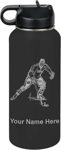 Miniatura 76 de LaserGram Botella de agua personalizada, jugador de hockey, acero inoxidable de doble pared aislada al vacío con popote superior, regalo grabado