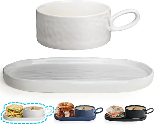 Tazón de sopa con asa y plato de ensalada, combo de plato de sopa y sándwich, taza de sopa de 18 onzas para cereales, plato de pasta de cerámica